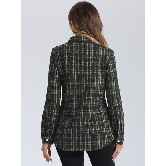 Plaid Tweed Collared Button Down Lightweight Shackets Black - Picture 3 of 6